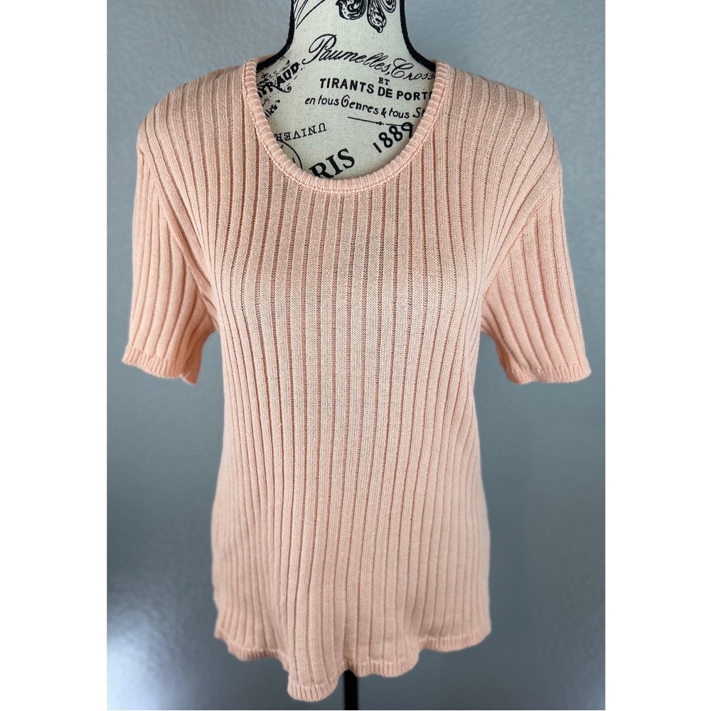 Pierre Cardin Peach/Pink Ribbed Cotton Crew Neck Short Sleeve Sweater, Sz Large